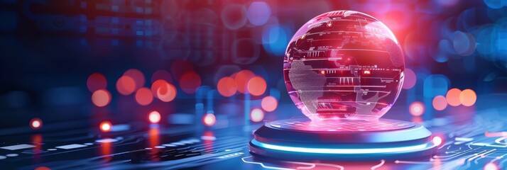 A futuristic, illuminated globe sits on a digital platform, surrounded by vibrant lights, symbolizing technology and connectivity.
