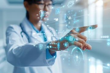 A healthcare professional interacts with digital technology, displaying holographic data and icons, symbolizing the integration of technology in medicine.