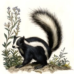 Naklejka premium Watercolor painting of a striped skunk amidst wildflowers.