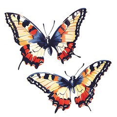 Fototapeta premium Two Watercolor Butterflies with Orange, Yellow, and Blue Wings on White Background.