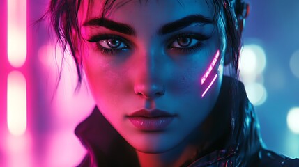 Close-up portrait of a futuristic woman with neon accents.