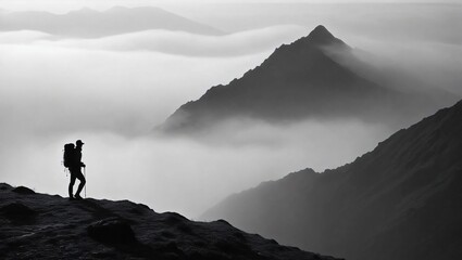 An ethereal black and white photograph capturing a lone hiker silhouetted against a fog-shrouded mountain peak, with dramatic lighting and a shallow depth of field