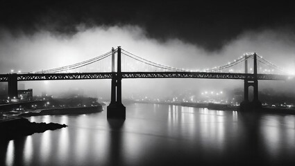 Naklejka premium A surreal, black and white photograph of a foggy bridge spanning a river, illuminated by a hazy glow from distant city lights