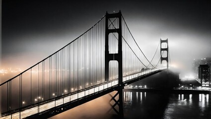 Fototapeta premium A foggy bridge spanning a river is captured in an ethereal, black and white photo, with the city lights creating a hazy glow