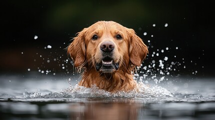 Adventurous golden retriever splashing in picturesque lake scene