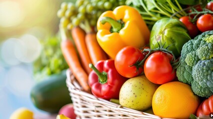 A colorful assortment of fresh fruits and vegetables displayed in a woven basket, showcasing vibrant colors and healthy options.