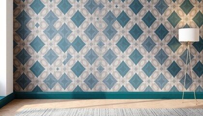 Geometric Diamonds Living Room Wallpaper with geometric diamond shapes. The skirting boards are...