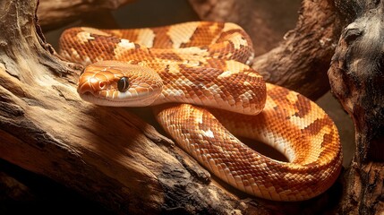 Naklejka premium Orange Snake Coiled on Rustic Wood Branch