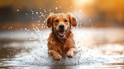 Adventurous golden retriever splashes at picturesque lake sunset
