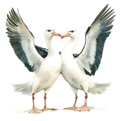 Fototapeta premium Watercolor Painting of Two Albatrosses Facing Each Other with Wings Spread.