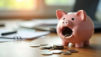 Broken piggy bank, coins spill out.  Financial crisis?  A symbol of depleted savings or unexpected expenses.  Time for a budget?