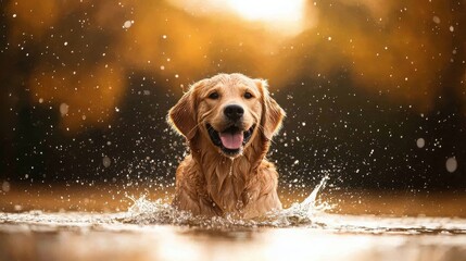 Adventurous golden retriever splashing in picturesque lake waters