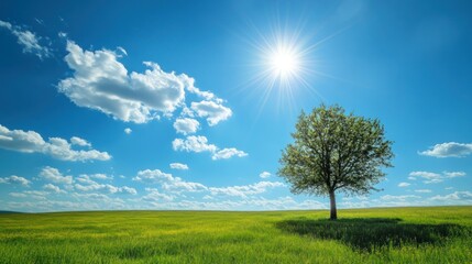 Obraz premium Under a cloudless sky, the world is calm and quiet. The sun shines brightly on a peaceful natural landscape, and everything feels in perfect harmony.