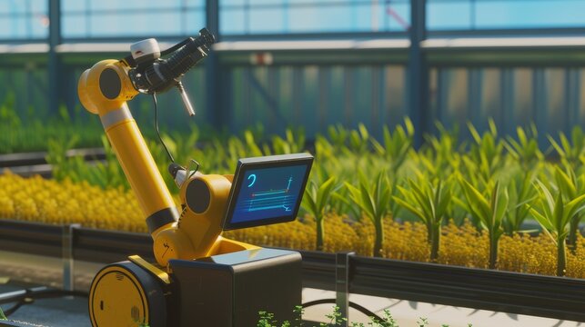 A bright yellow robotic arm equipped with advanced sensors analyzes crops in a greenhouse, highlighting technological advancements in agriculture. AI generated.