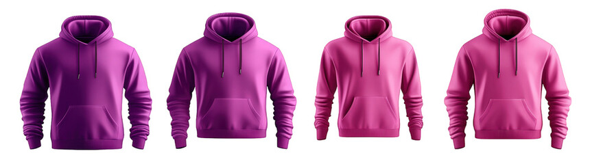 four different colors of plain hooded sweatshirts isolated on transparent background