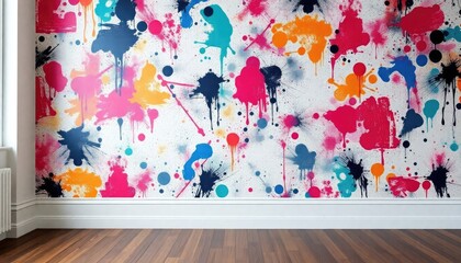 Paint Splatters Living Room Wallpaper with abstract paint splatter patterns. The skirting boards are painted in white.