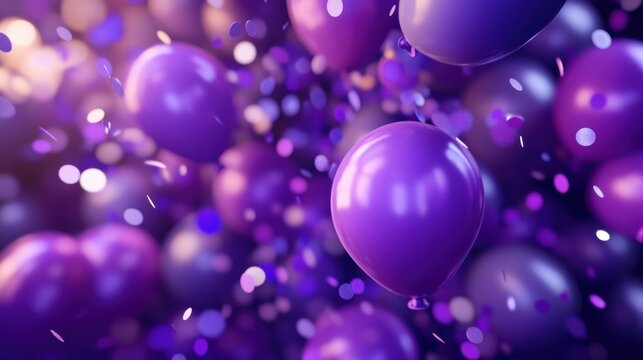 A stunning 3D purple balloon party background with realistic violet balloons, greeting confetti, and an elegant anniversary banner design, perfect for an elegant celebration invitation.