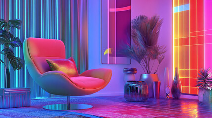 colorful 3d design of architectural style home accessories, A digital art image of a futuristic room interior design, Interior design of modern living room interior 3d design with chair and sofa.