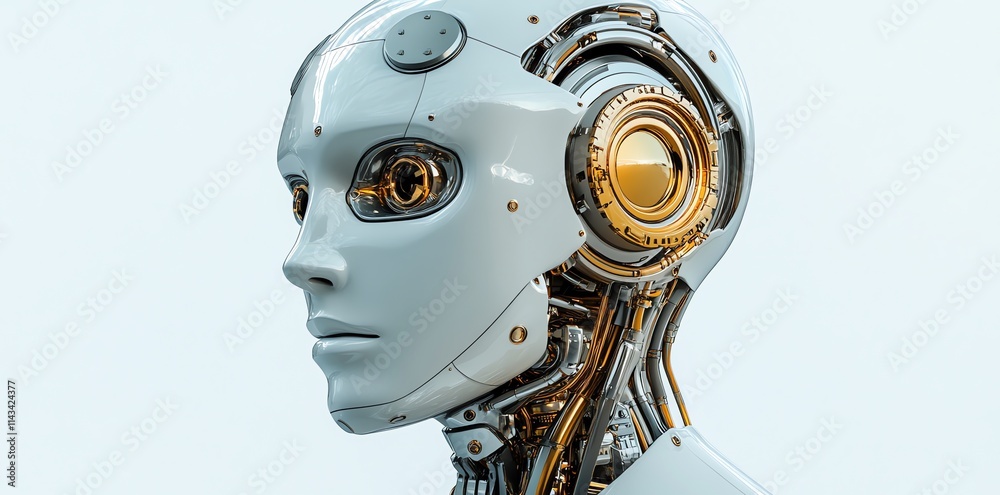 Poster A futuristic humanoid robot with intricate mechanical features and a sleek design.