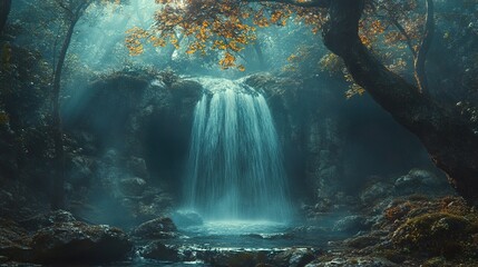 Obraz premium Enchanted Waterfall in Misty Forest: A Serene Landscape