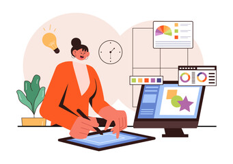Graphic Designer Vector Illustration Featuring Creativity and Business with Design Software for Creating Cartoon and Animation Products in Background