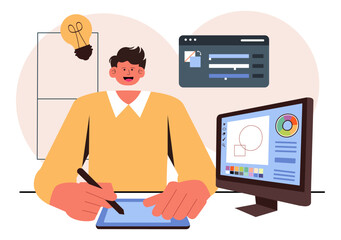 Graphic Designer Vector Illustration Featuring Creativity and Business with Design Software for Creating Cartoon and Animation Products in Background