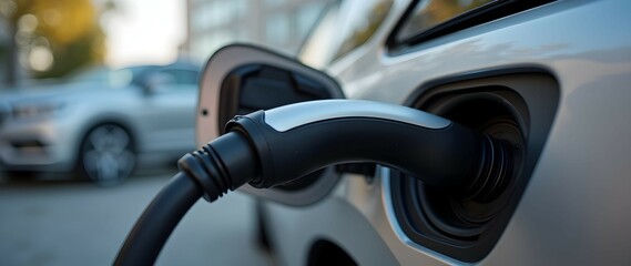 Electric vehicle charging: A sleek charging cable seamlessly connects to a modern EV's port, signifying clean energy and sustainable transportation.