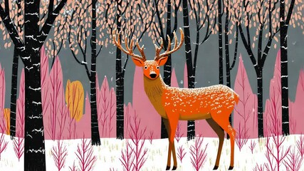 Colorful deer standing in a snowy forest surrounded by trees and pink foliage during winter daylight
