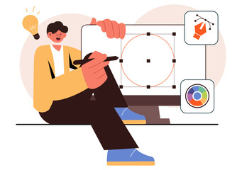 Graphic Designer Vector Illustration Featuring Creativity and Business with Design Software for Creating Cartoon and Animation Products in Background