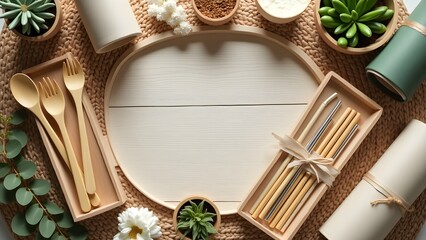 A flat lay of sustainable shopping items, including bamboo cutlery and eco-friendly packaging