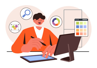 Graphic Designer Vector Illustration Featuring Creativity and Business with Design Software for Creating Cartoon and Animation Products in Background