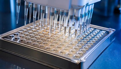 Researcher using micropipette dropping solution to microplate, for biologic tests. 96 well plate with samples for biological analysis. Scientist hand holding microplate for biomedical research.