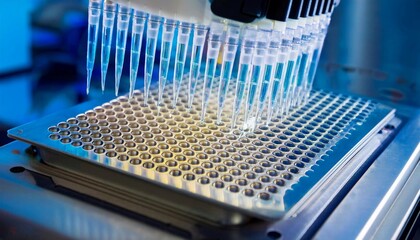Researcher using micropipette dropping solution to microplate, for biologic tests. 96 well plate with samples for biological analysis. Scientist hand holding microplate for biomedical research.
