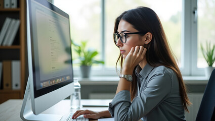 woman with long brown hair and glasses is seated at a desk, focused on a computer.