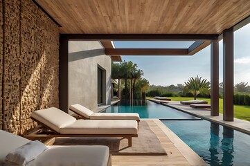 Fototapeta premium Luxury Minimalist Villa With A Rectangular Pool, Wooden Accents, And Seamless Indoor-Outdoor Living Spaces