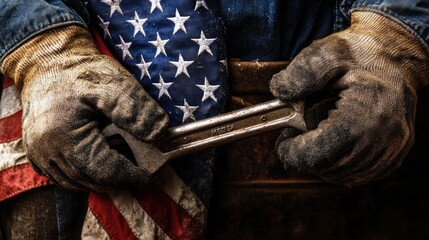 A worker's hands in gloves holding a wrench tool and the old American flag, representing hard work, dedication, and the pride of being Made in USA.