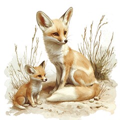 Fototapeta premium A mother Fennec fox and her kit resting in the desert.
