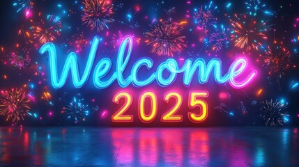 Neon "Welcome 2025" sign with colorful fireworks.