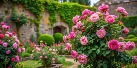A rose bush with pink flowers in a medieval garden, greenery, gardenia,  greenery, gardenia, florals, medieval