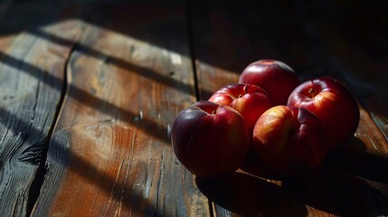 Ripe Nectarines on Rustic Wood Table in Sunlight