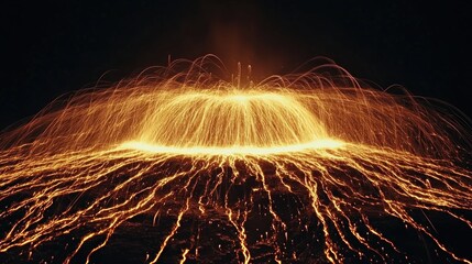 Burning steel wool spinning rapidly, creating showers of glowing sparks in the dark, captured with long exposure, isolated on a black background