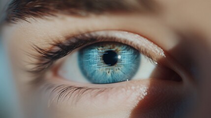 Fototapeta premium Close-up of a blue eye with digital code reflection.