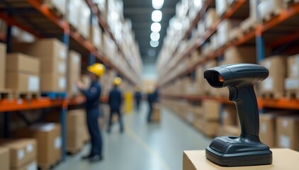 Barcode scanner in a busy warehouse.  Workers efficiently manage inventory, ensuring smooth operations and timely deliveries.  Logistics and technology blend seamlessly.