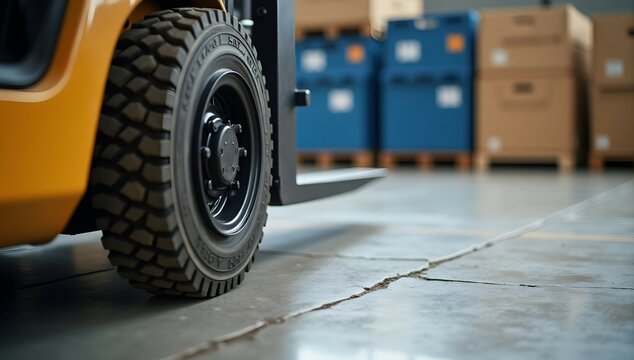 Close-up of a forklift tire in a warehouse, showcasing the robust tread and industrial setting.  The background hints at busy operations.
