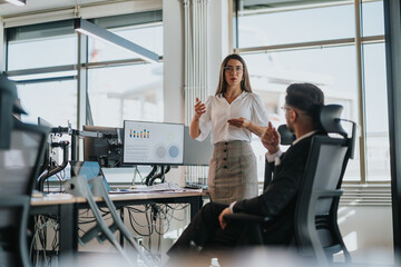 Two business people collaborate in a modern office, reviewing project details on a computer. A...