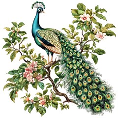 Naklejka premium Majestic Peacock Perched on a Blooming Branch with Vibrant Feathers and Delicate Flowers.