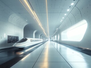 A futuristic train station with sleek design and modern lighting.