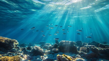 Fototapeta premium Sunlight penetrating underwater coral reef. Concept of marine life and underwater world.