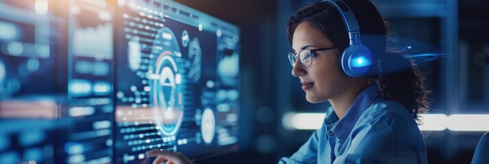 A focused woman in headphones analyzes data on multiple screens, surrounded by a high-tech workspace with glowing interfaces.