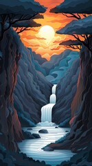 Breathtaking landscape with a captivating waterfall cascading down a rugged mountain cliff surrounded by dramatic sky and vibrant colors during a beautiful sunset